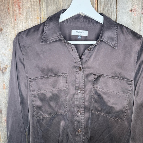 Madewell Washed Silk Charmuse Button Front Flap Pocket Shirt in Carob Brown - Picture 3 of 11